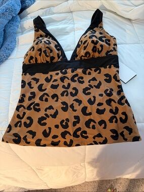DKNY Leopard Print Tankini Top in Brown and Black